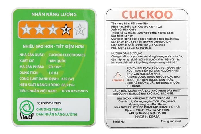 Nồi cơm điện 1.8L Cuckoo CR-1021 - Trắng